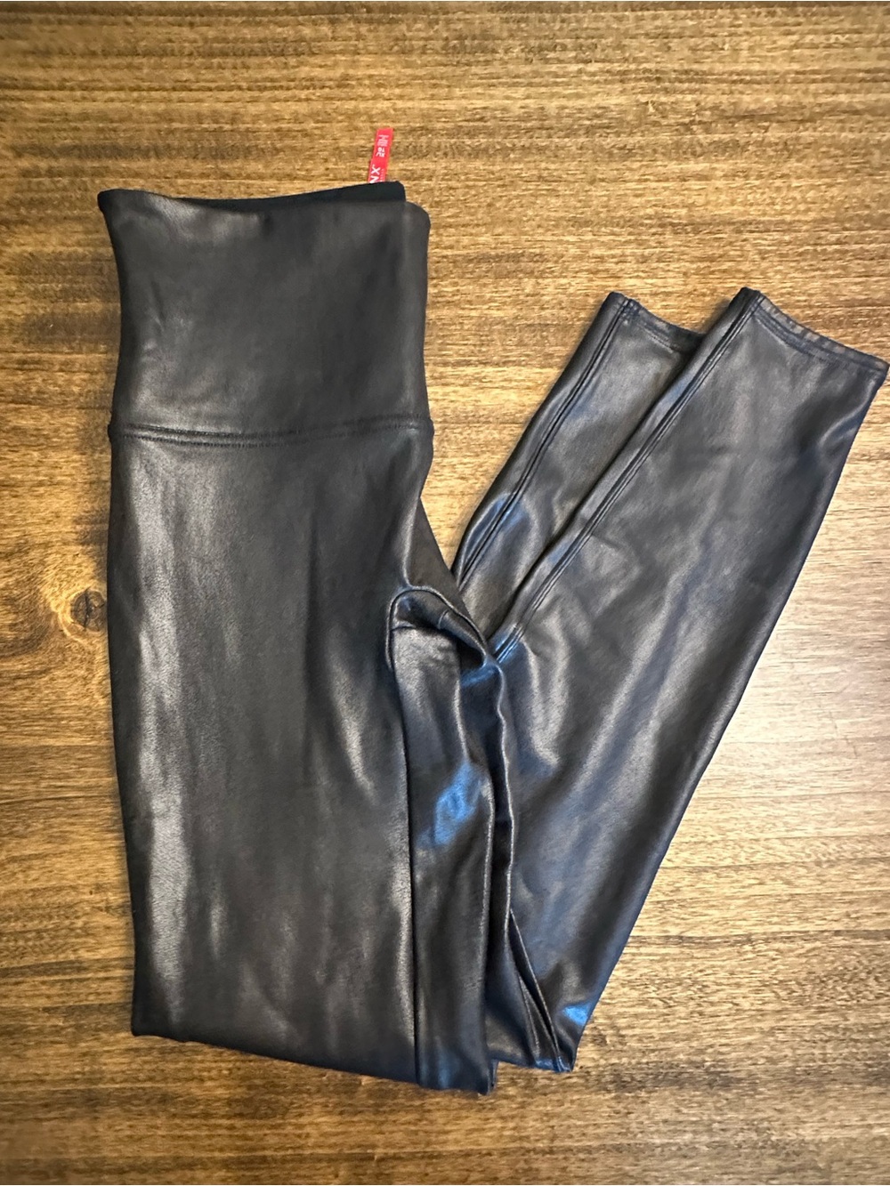 SPANX Black Faux Leather-Look Leggings with Red Brand Tag